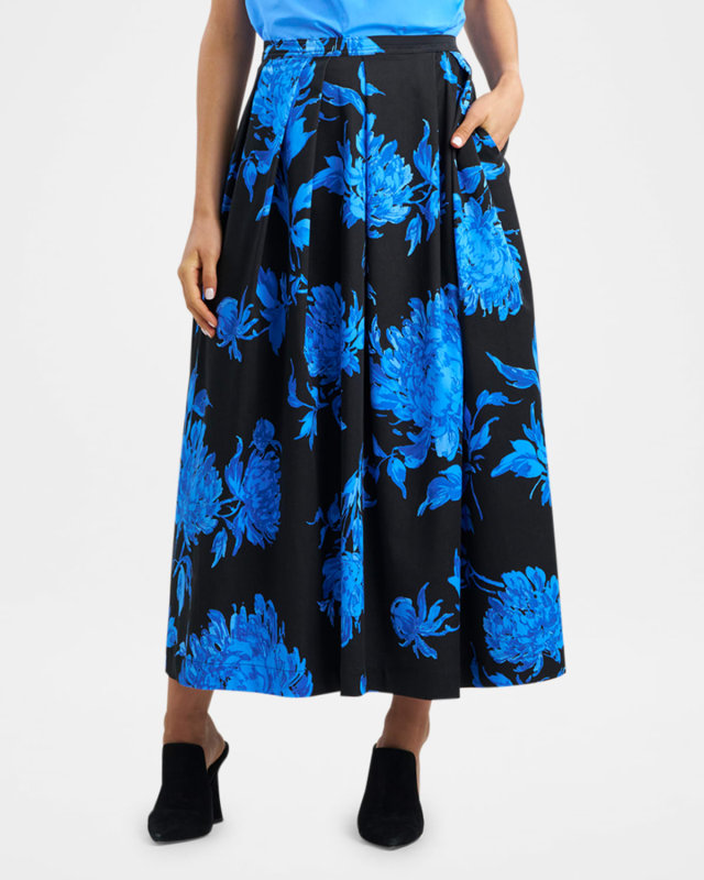 Miyako Pleated Floral-Print Chino Midi Skirt